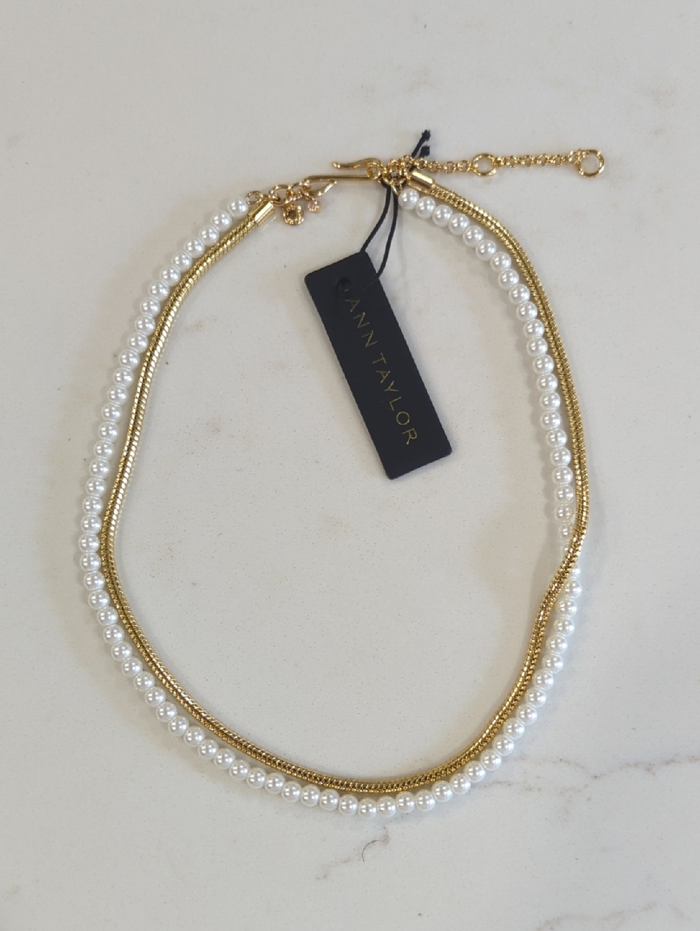Ann Taylor Gold Rope and White Pearl Dual Strand Necklace